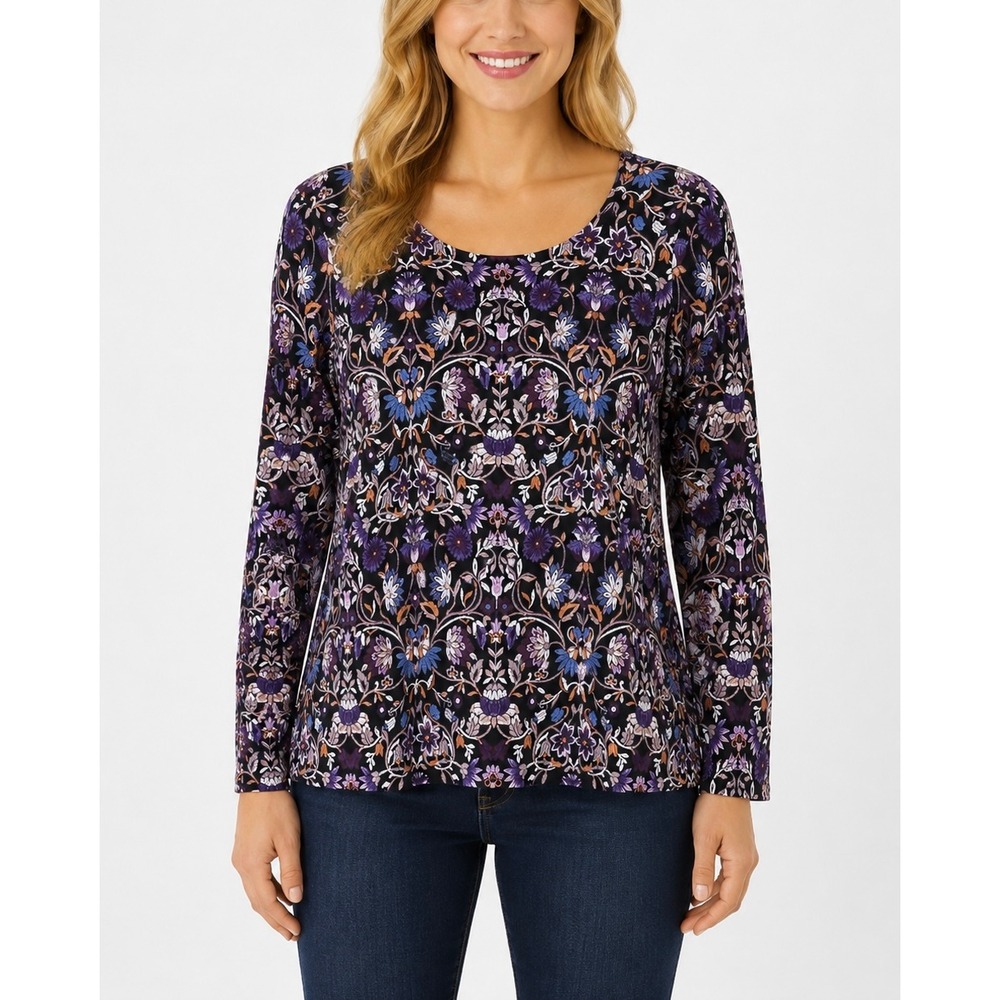 J. Jill Top Women S Purple Floral Botanical Long Sleeve Scoop Neck Cotton Boho